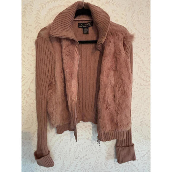 C. Magic Women's AUTH Fur and Ribbed Knit Zip-Up Sweater L - Picture 6 of 8